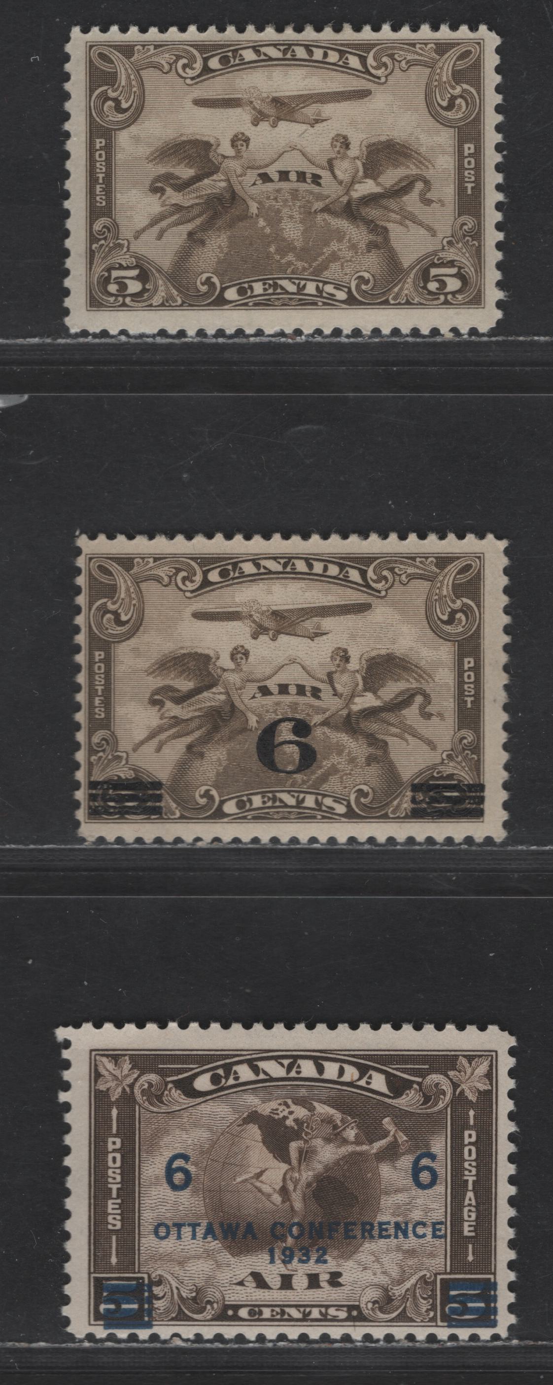 Canada #C1, C3-C4 5c - 6c on 5c Brown Olive & Olive Brown Two Winged Figures & Surcharged Mercury Issues, 1928-1932 Airmail Issues, 3 Fine OG Singles Perfs 12 & 11,