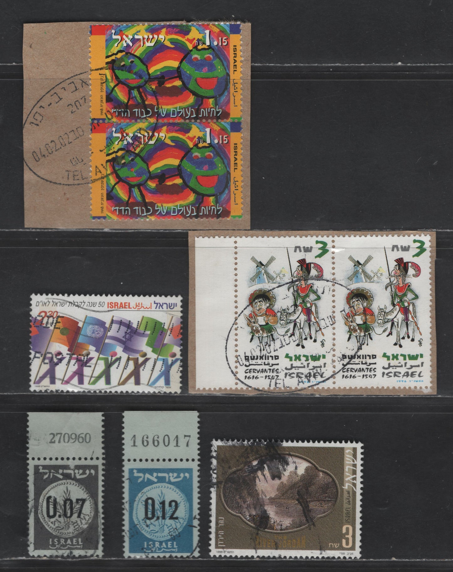 Lot 297 Israel SC#171a/1364 1960-1999 Judean Coin / Israel's Admission To UN Issues, 4 F & VF Used Singles And 2 Pairs On Pieces, Click on Listing to See ALL Pictures, 2022 Scott Classic Cat. $10.35