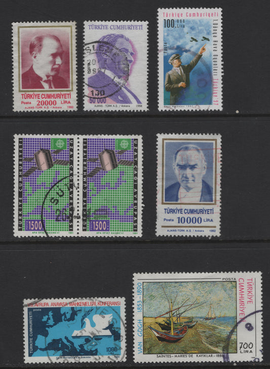 Turkey SC#2471/2684 1990-1997 European Supreme Court Conference / World Air Games Issues, 6 Very Fine Used Singles And 1 Pair, Click on Listing to See ALL Pictures, 2017 Scott Cat. $14.85