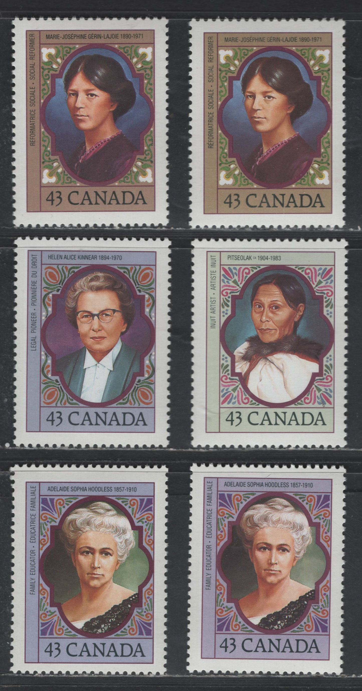 Canada #1456-1459 43c Multicoloured Adelaide Sophia Hoodless - Helen Alice Kinnear, 1993 Canadian Women Issue, 6 VFNH  Singles Showing The Common Shade Variations Of The Background Colour, NF/DF1 Coated Papers Paper