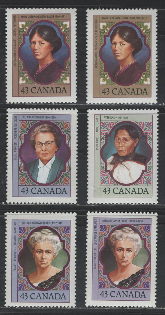 Canada #1456-1459 43c Multicoloured Adelaide Sophia Hoodless - Helen Alice Kinnear, 1993 Canadian Women Issue, 6 VFNH  Singles Showing The Common Shade Variations Of The Background Colour, NF/DF1 Coated Papers Paper