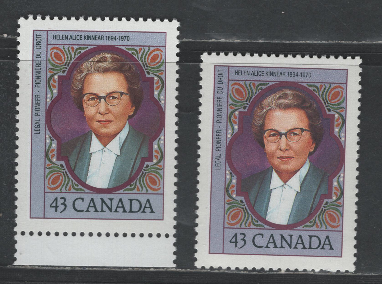 Canada #1459&var 43c Multicoloured Helen Alice Kinnear, 1993 Canadian Women Issue, 2 VFNH Singles Showing Both The Bluish Violet & More Reddish Violet Background Colours, NF/DF1  Coated Papers Paper