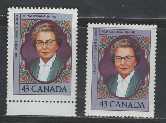 Canada #1459&var 43c Multicoloured Helen Alice Kinnear, 1993 Canadian Women Issue, 2 VFNH Singles Showing Both The Bluish Violet & More Reddish Violet Background Colours, NF/DF1  Coated Papers Paper