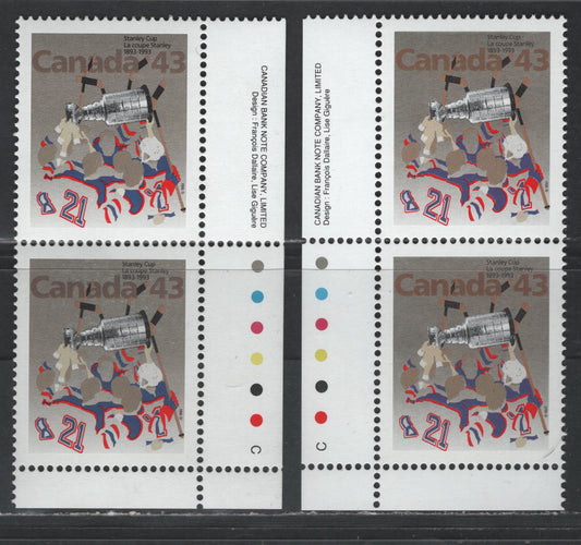 Canada #1460&var 43c 1993 Stanley Cup Issue, 2 VFNH Inscription Pairs With Pinkish Silver Background On Both NF/DF1-fl & The Scarcer NF/DF2 Coated Papers Paper, Deep Grey Brown & Brown Canada Inscriptions