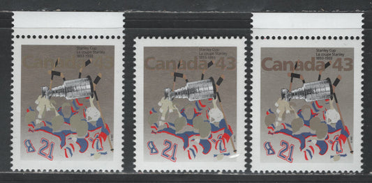 Canada #1460&var 43c  Hockey Players & Stanley Cup , 1993 Stanley Cup Issue, 3 VFNH Singles With Both Plain Silver & Pinkish Silver Backgrounds, Grey, Grey Brown & Deep Grey Brown Canada Inscriptions, All On NF/DF1-fl Coated Papers Paper
