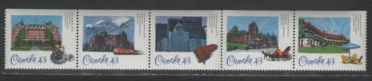 Canada #1471a 43c Multicoloured Empress Hotel - Algonquin Hotel, 1993 Historic CPR Hotels Issue, A VFNH Horizontal Strip Of 5 On DF1/DF1 Harrison Paper