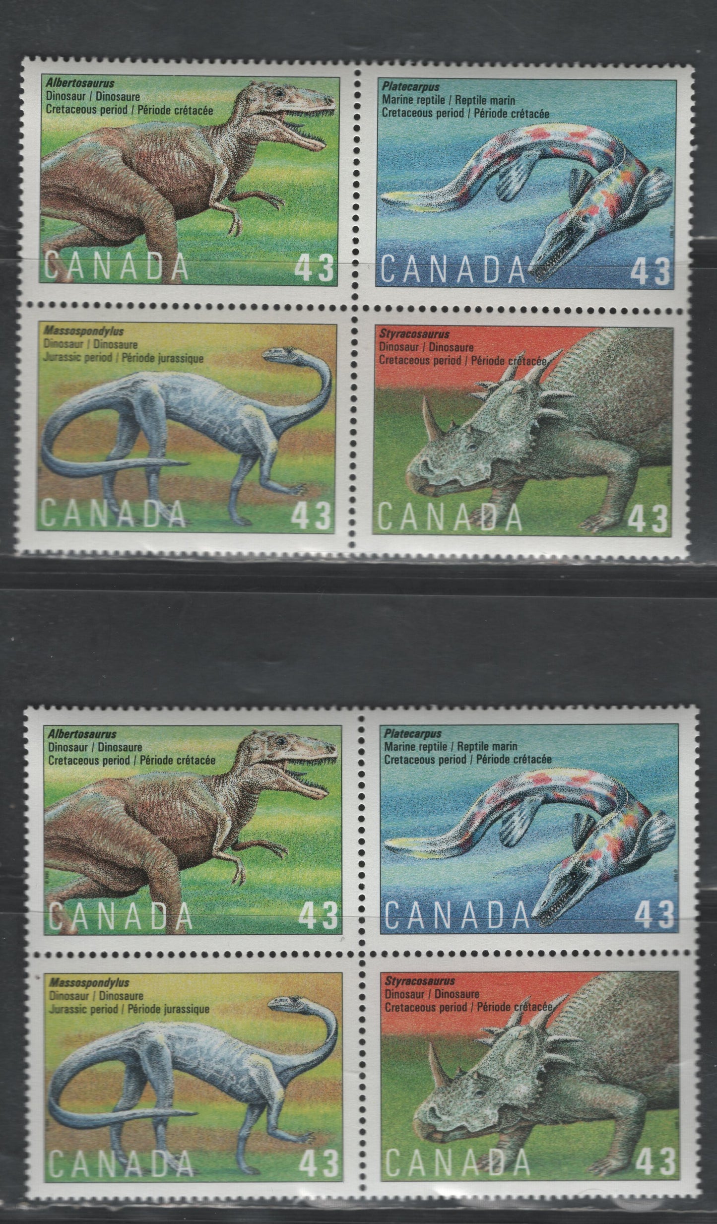 Lot 148Canada #1498a 43c Multicoloured Massospondylus - Platecarpus, 1993 Prehistoric Life In Canada Issue, 2 VFNH Se-Tenant Blocks On DF1/DF1 And DF1/DF2 Harrison Paper, Spotty PVA Gum