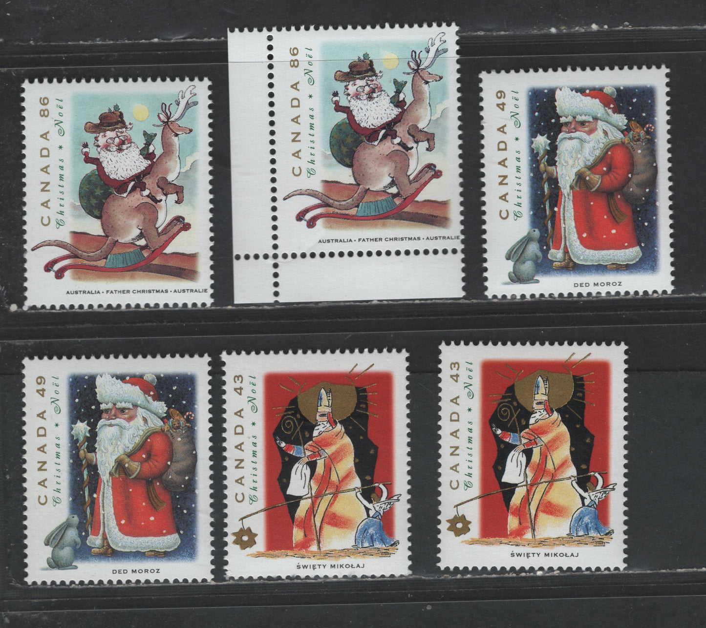 Canada #1499-1501 43c-86c Multicoloured Sweity Mikola - Father Christmas, 1993 Christmas Issue, 6 VFNH Singles On NF/DF1 and NF/DF2 Coated Papers Paper