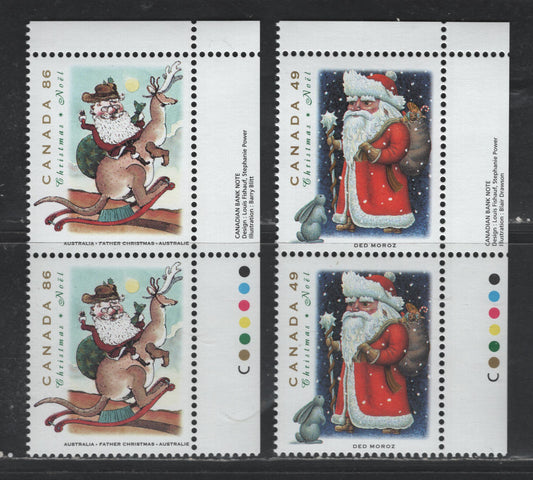 Canada #1500-1501var 49c-86c Multicoloured Ded Moroz - Father Christmas, 1993 Christmas Issue, 2 VFNH Inscription Pairs On The Scarcer NF/DF2 Coated Papers Paper