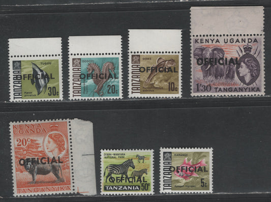 Lot 147 Kenya, Uganda, Tanganyika & Tanzania SG#O4, O8, O25, O28-O31 5c-50c, 1/30 Multicoloured Lions - Zebras, 1959-1973 Official Overprinted Issues, 7 VFNH Singles