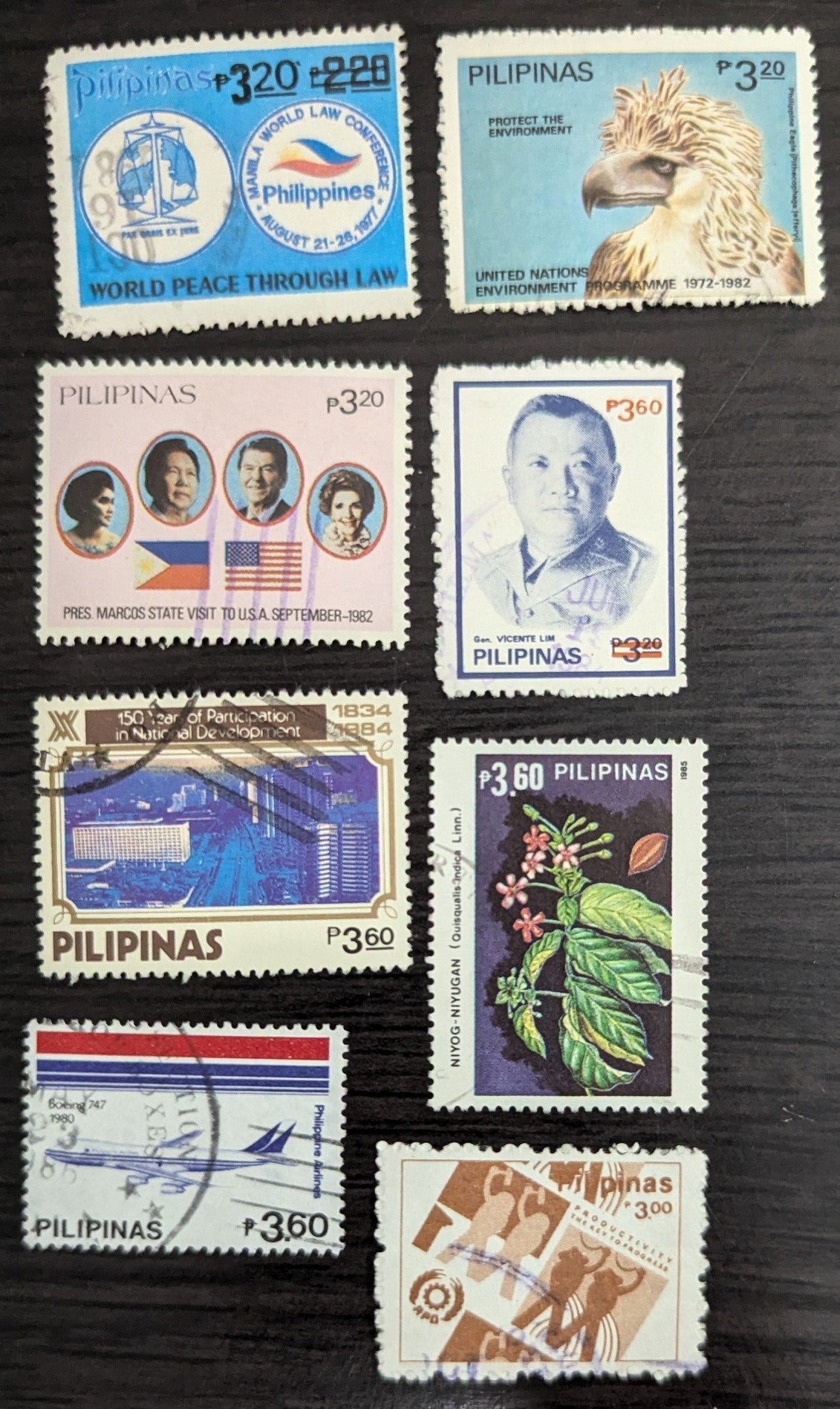 Philippines SC#1576/1791 1981-1986 World Law Conference Surcharged - Asian Productivity Organization, 25th Anniv issues, 8 Fine/Very Fine Used Singles, Click on Listing to See ALL Pictures, 2017 Scott Cat. $11.1