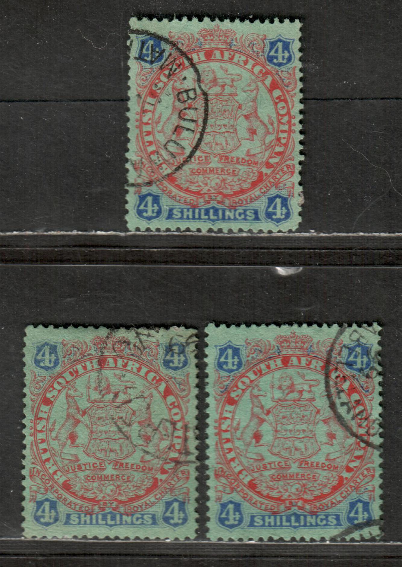 Rhodesia SG#37 1896-1897 Round Arms Die 1 Issue, In Various Shades, 3 Very Fine Used Singles, Click on Listing to See ALL Pictures, Estimated Value $10