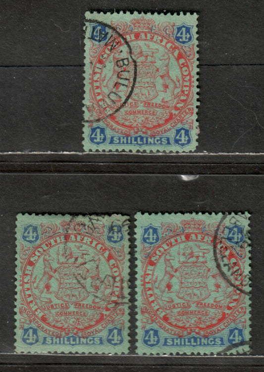 Rhodesia SG#37 1896-1897 Round Arms Die 1 Issue, In Various Shades, 3 Very Fine Used Singles, Click on Listing to See ALL Pictures, Estimated Value $10