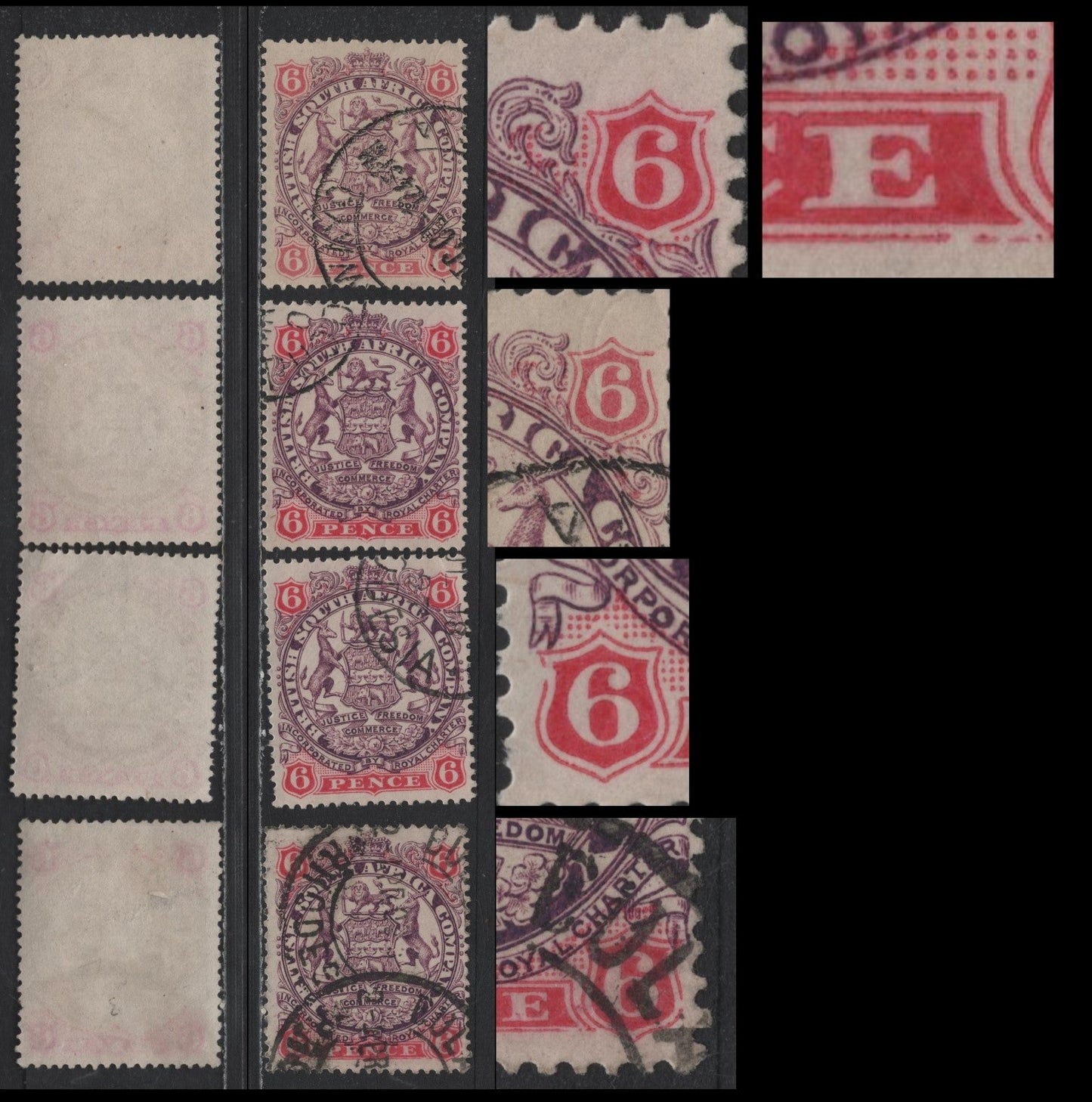 Rhodesia SG#46 Mauve & Pale Rose, Reddish Mauve & Rose 1896-1897 Round Arms Die 2 Issue, With Frame Breaks On Value Tablets, 4 F/VF Used Singles, Click on Listing to See ALL Pictures, Estimated Value $15