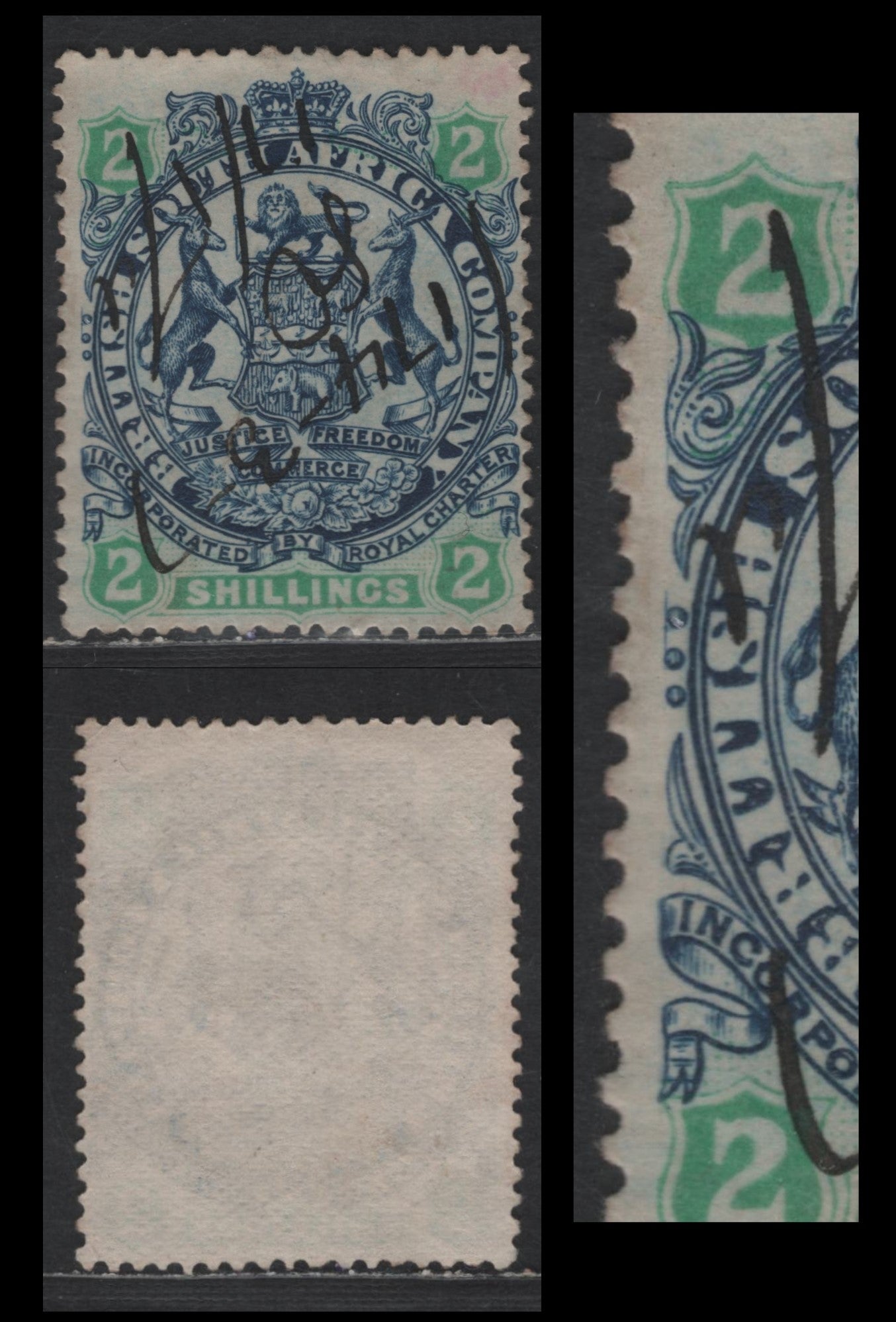 Rhodesia SG#48 2/- 1896-1897 Round Arms Die 2 Issue, On Horiz. Wove Paper, Fiscal Cancel With Vert Guidelines Traces At Left, A Fine Used Single, Click on Listing to See ALL Pictures, Estimated Value $3