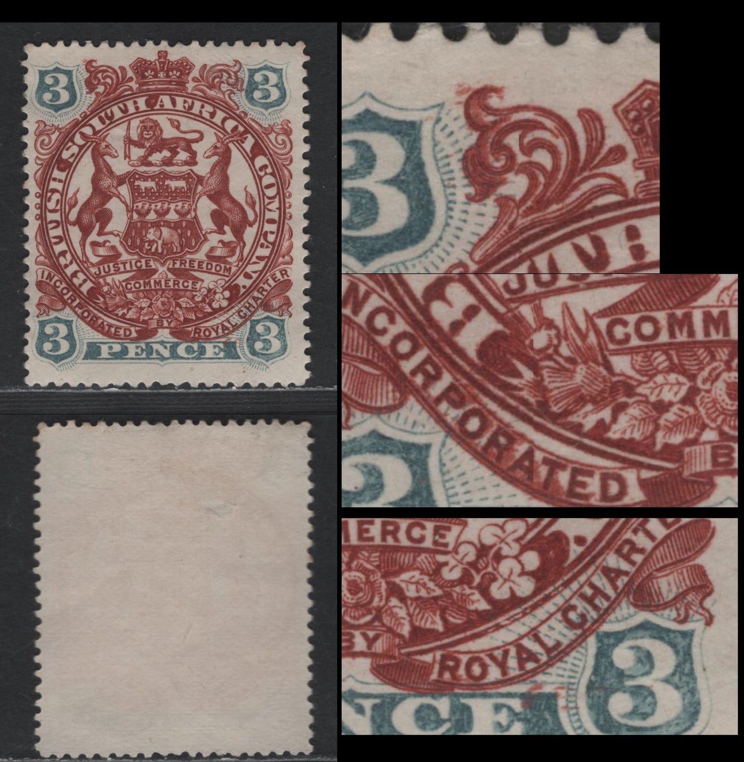 Rhodesia SG#69 3d Deep Red Brown & Slate Blue 1897 Round Arms Issue W/ Ends Of Scrolls Between Springbok's Legs, Smudges of Red Brown Ink, Perf 15, A FUN Single, Click on Listing to See ALL Pictures, Estimated Value $7