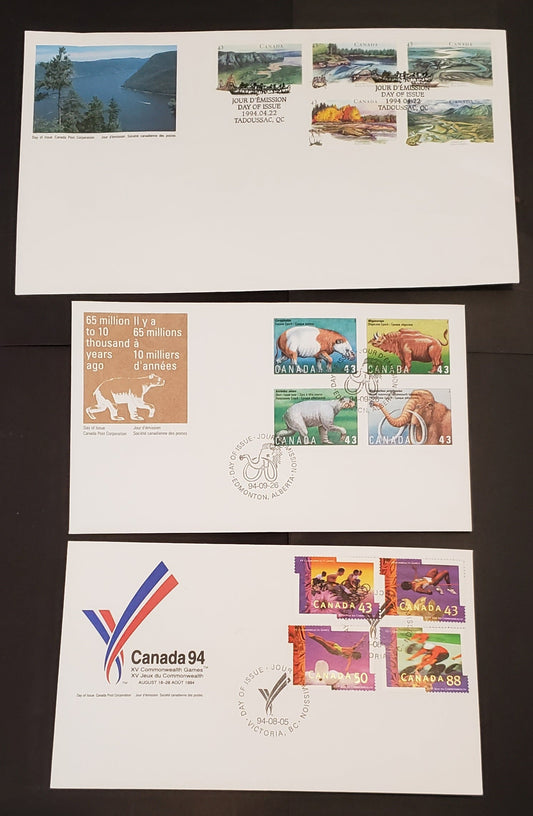 Canada #1511/1515, 1519-1522, 1529-1532 43c-88c Multicoloured Saguenay River - Woolly Mammoth, 1994 Heritage Rivers - Prehistoric Life In Canada, 3 VF Canada Post FDC's Franked With Pairs & Strips, DF & Fluorescent Envelopes