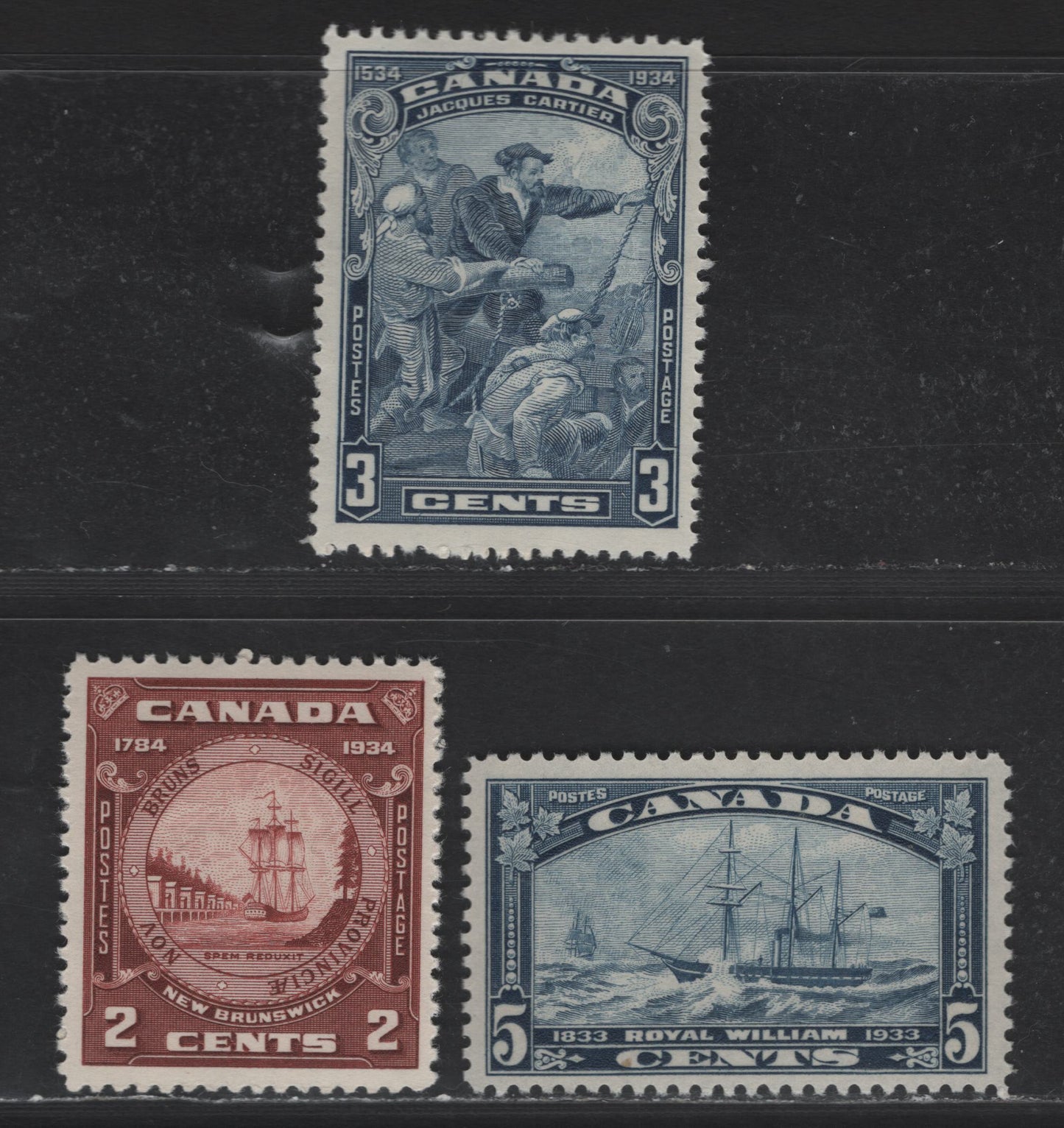 Canada #204, 208,210 2c-5c Red Brown - Steel Blue Royal William - NB Seal, 1933-1934 Royal William & 150th Anniversary of Founding Of NB Issues, 3 VFNH Singles