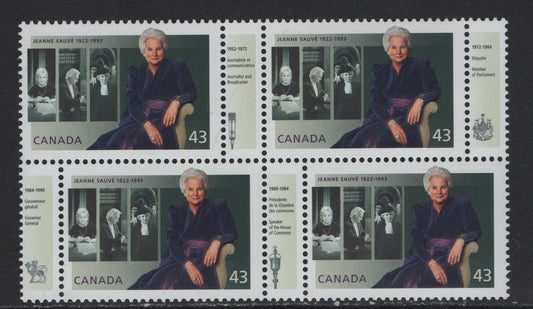 Canada #1509a 43c Multicoloured Jeanne Sauve, 1994 Jeanne Sauve Memorial Issue, A VFNH Block Of 4 + 4 Labels On Low Fluorescent Peterborough Paper