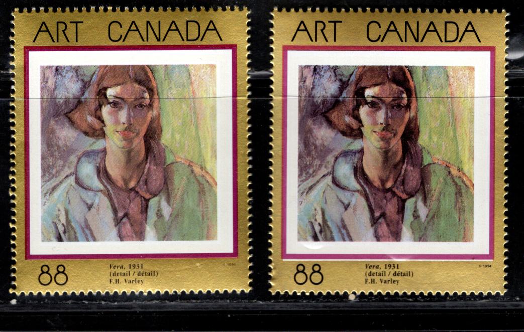 Canada #1516&var 88c Multicoloured Vera, 1994 Art Canada Issue, 2 VFNH Singles One With Inner Maroon Frame Shifted Upward, Different Shades