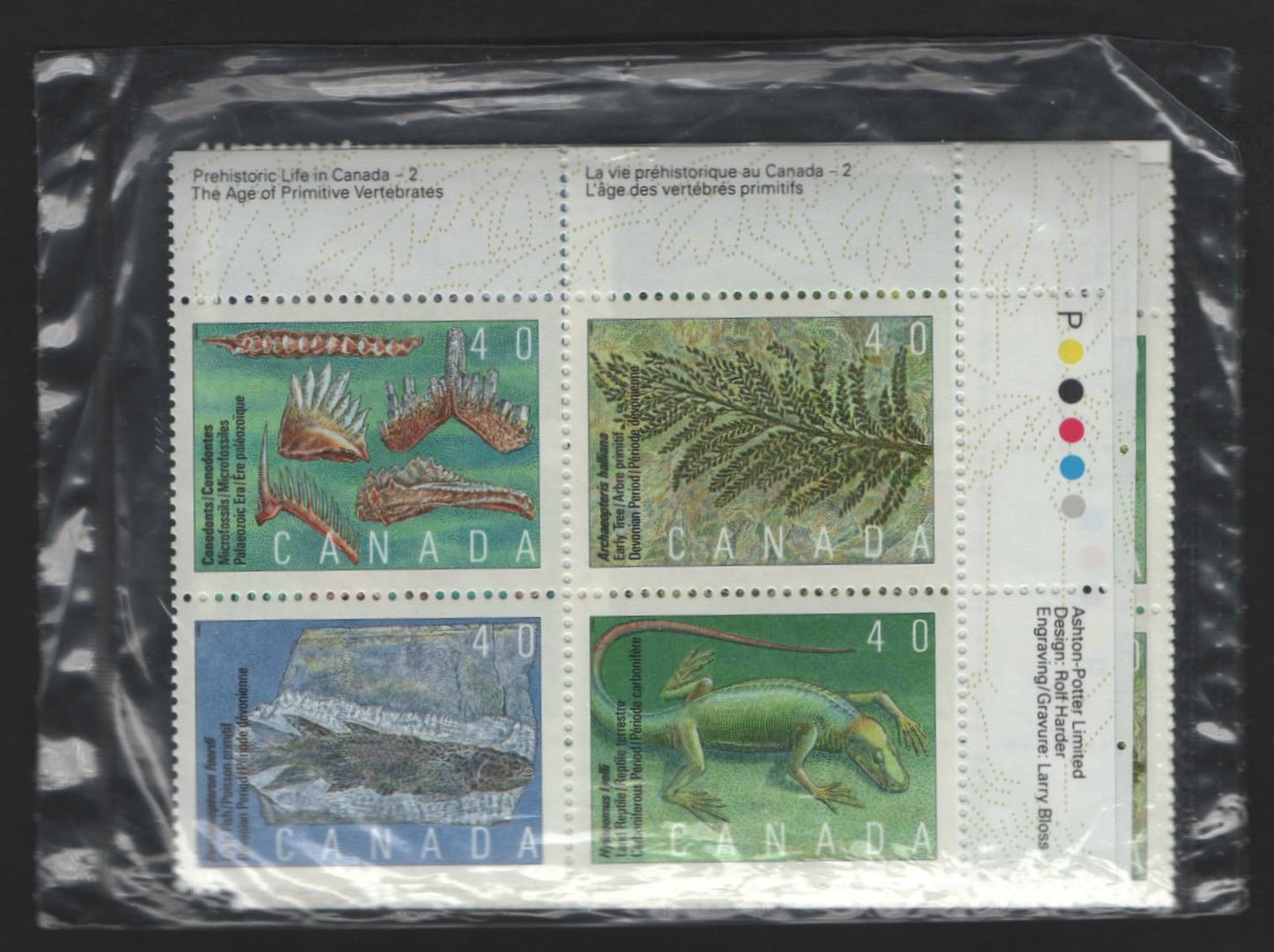 Canada #1309a 40c Multicoloured Conodonts - Hylonomus Lyelli, 1991 Prehistoric Life In Canada Issue, A VFNH Sealed Pack of Inscription Blocks Type 4 HF Blue & White Cardboard Insert, DF1/DF2 Peterborough Paper