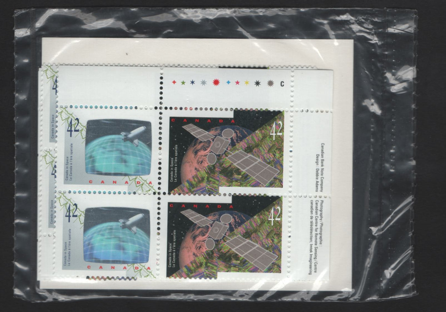 Canada #1442a 42c Multicoloured Anik E2 Satellite & Astronauts Achievements, 1992 Canada In Space Issue, A VFNH Sealed Pack of Inscription Blocks Type 4 DF2 Blue & White Cardboard Insert, DF1/DF2 Coated Papers Paper