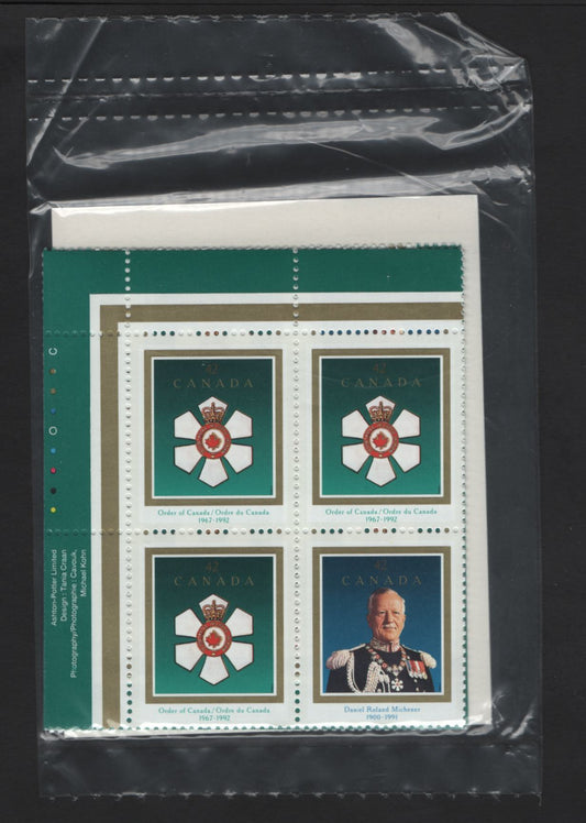 Canada #1447a 42c Multicoloured Order Od Canada & Rolland Michener, 1992 Order Of Canada & Rolland Michener Issue, A VFNH Sealed Pack of Inscription Blocks Type 4 DF2 Blue & White Cardboard Insert, DF1/DF2 Coated Papers Paper