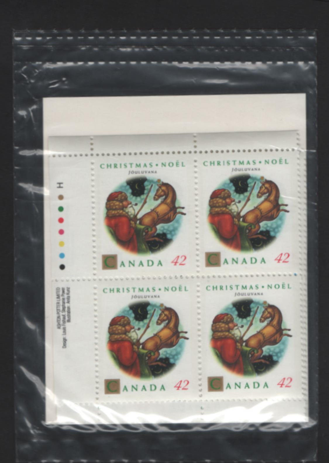 Canada #1452 42c Multicoloured Jouluvana, 1992 Christmas Issue, A VFNH Sealed Pack of Inscription Blocks Type 4 DF2 Blue & White Cardboard Insert, DF2 Harrison Paper