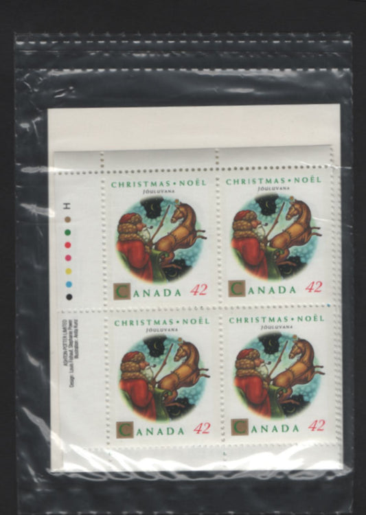 Canada #1452 42c Multicoloured Jouluvana, 1992 Christmas Issue, A VFNH Sealed Pack of Inscription Blocks Type 4 DF2 Blue & White Cardboard Insert, DF2 Harrison Paper