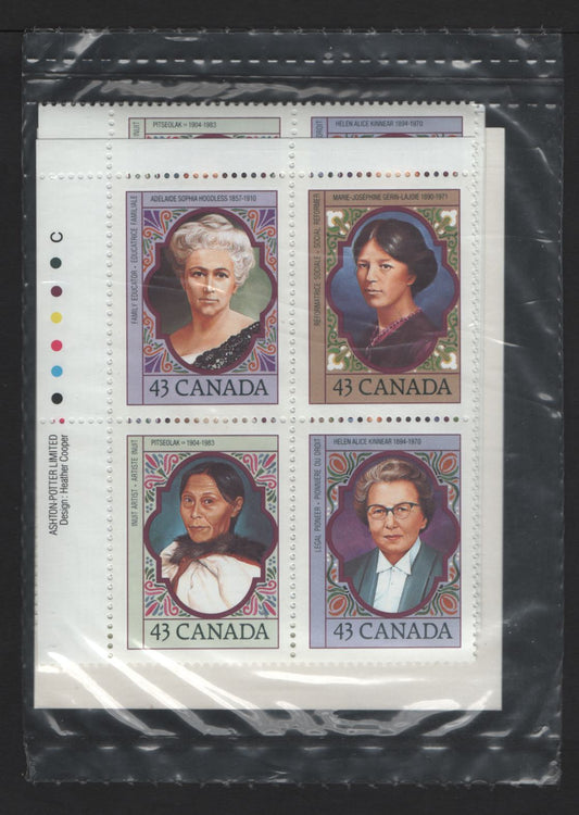 Canada #1459a 43c Multicoloured Adelaide Hoodless - Helen Kinnear, 1992 Prominent Canadian Women Issue, A VFNH Sealed Pack of Inscription Blocks Type 4 DF2 Blue & White Cardboard Insert, DF1/DF2 Coated Papers Paper