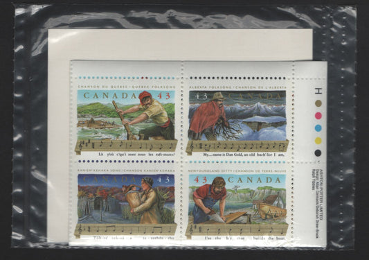 Canada #1494a 43c Multicoloured Alberta Folksong - Kanien' Kehaka Song, 1993 Canadian Folklore Issue, A VFNH Sealed Pack of Inscription Blocks Type 4 MF Blue & White Cardboard Insert, DF2 Harrison Paper