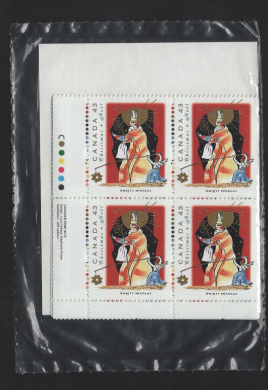 Canada #1499 43c Multicoloured Swiety Mikolaj, 1993 Christmas Issue, A VFNH Sealed Pack of Inscription Blocks Type 4 HB Blue & White Cardboard Insert, DF1/DF2 Coated Papers Paper