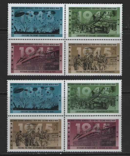 Lot 153 Canada #1544a, 1544ai 43c Multicoloured Veterans Return Home - Crossing The Rhine, 1995 50th Anniversary Of World War 2, 2 VFNH Se-Tenant Blocks Of 4 On LF & HF Peterborough Paper