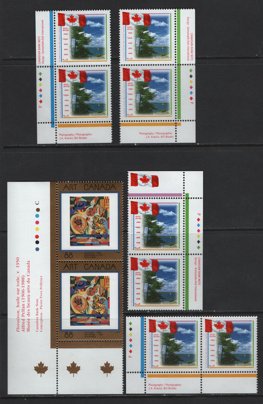 Canada #1545-1546i 43c Multicoloured Floraison & Flag With Lake Scene, 1995 Art Canada & 30th Anniversary Of Flag Issues, 5 VFNH Inscription Pairs On DF1 Coated Papers & MF7, MF6, F5 and LF3 Peterborough Papers