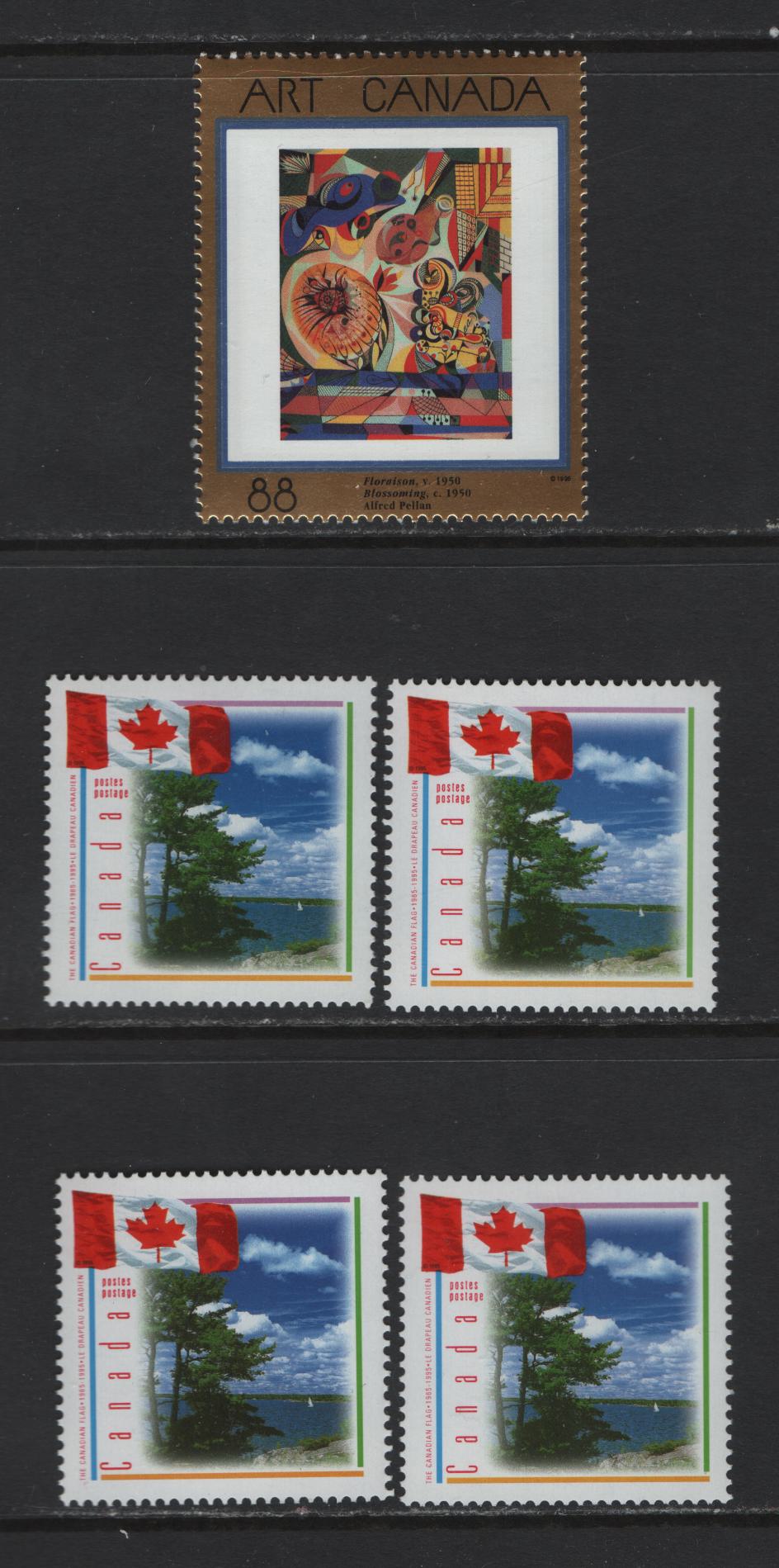 Canada #1545-1546i 43c Multicoloured Floraison & Flag With Lake Scene, 1995 Art Canada & 30th Anniversary Of Flag Issues, 5 VFNH Singles On DF1 Coated Papers & MF7, MF6, LF4 and LF3 Peterborough Papers
