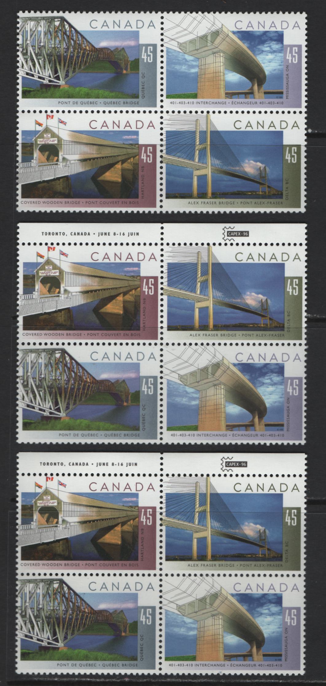 Canada #1573a 45c Multicoloured Quebec Bridge - Alex Fraser Bridge, 1995 Bridges Issue, 3 VFNH Se-Tenant Blocks Of 4 On Coated Papers Paper With Strong, Weak  & Medium Tagging