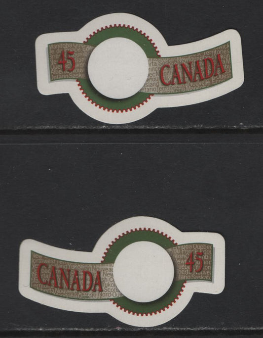 Lot 137 Canada #1568ii, 1569iv 45c Multicoloured Quick Stick , 1995 Greetings Issue, 2 VFNH Die Cut To Shape Singles On HB JAC Paper