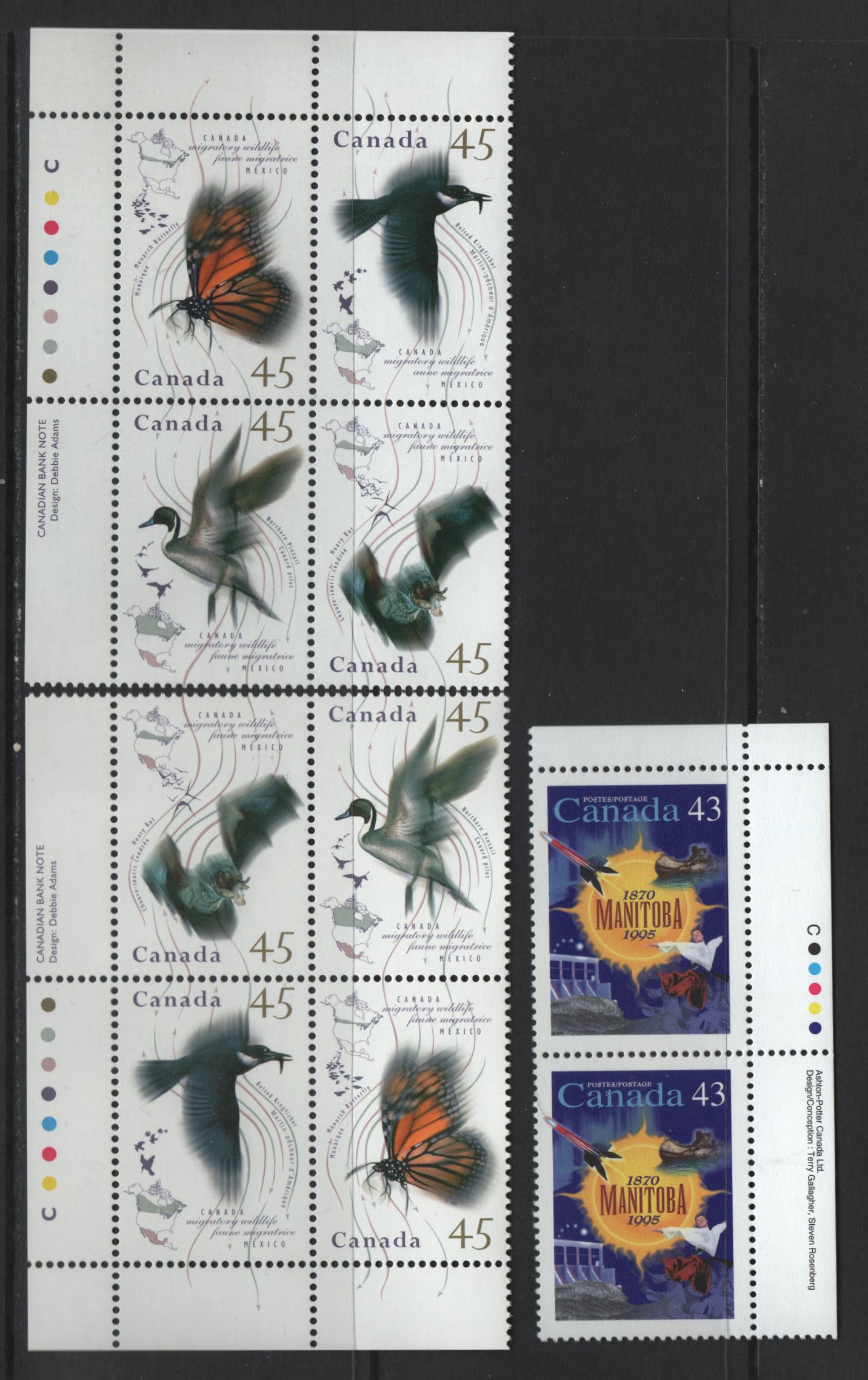 Canada #1562/1567a 43c & 45c Multicoloured Sun & Manitoba Icons - Hoary Bat, 1995 Manitoba Entry To Confederation - Migratory Wildlife Issues, 2 VFNH Inscription Blocks & 1 Inscription Pair On Coated Papers Paper With Strong & Medium Tagging