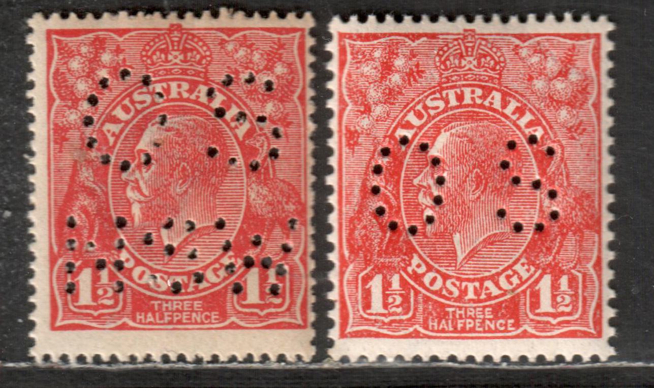 Lot 155 Australia SC#OB26var/OB68 1913-1931 Perforated Officials Issue, 1 1/2d Scarlet Small OS & Small OS NSW With Single Crown & Small Multiple Crown Wmk, 2 VF & F NH Singles, Click on Listing to See ALL Pictures, Estimated Value $25