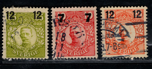 Sweden SC#99 [Facit 99bz]-101 [Facit 101bz] 1917-1918 Surcharged Gustav V in Medallion Issue, With Marginal Wmks, 3 Fine/Very Fine Used Singles, Click on Listing to See ALL Pictures, Estimated Value $5