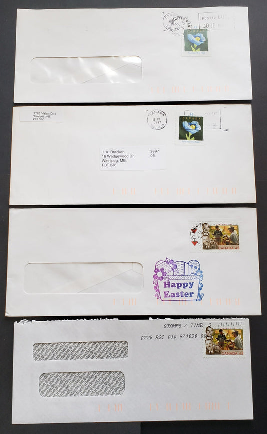 Lot 403 Canada  #1636i, 1636ii, 1638&var 45c  4 VF Domestic Covers Franked With Singles On Fluorescent and HF Papers, Including The Vertical Line Through "5" Variety On Canadian Tire Issue On HF Paper, All In-Period