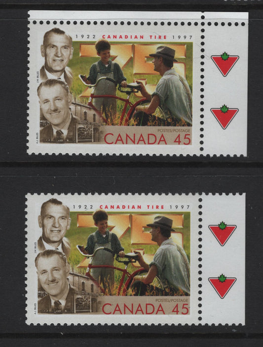 Lot 433 Canada  #1636i, 1636iii 45c Multicoloured J.W. & A.J. Billes , 1997 Canadian Tire Issue, 2 VFNH Singles On HF & Fluorescent Peterborough Paper, Vertical White Line Through "D" Of Canada