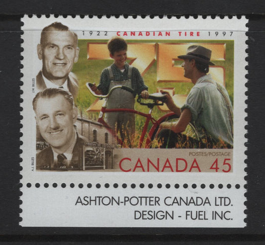 Lot 434 Canada  #1636iii 45c Multicoloured J.W. & A.J. Billes , 1997 Canadian Tire Issue, A VFNH Single On Fluorescent Peterborough Paper, White Line Through "5"