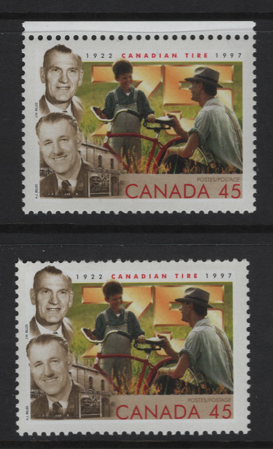 Lot 435 Canada  #1636, ii 45c Multicoloured J.W. & A.J. Billes , 1997 Canadian Tire Issue, 2 VFNH Singles On Fluorescent & HF Peterborough Paper