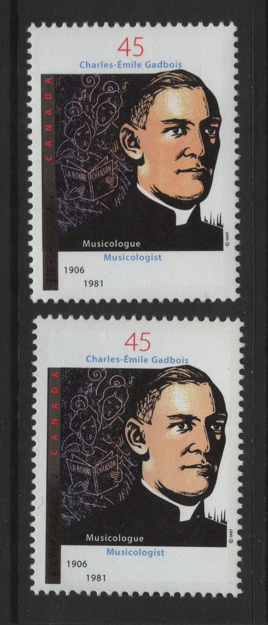 Lot 436 Canada  #1637&var 45c Multicoloured Charles Emile Gadbois, 1997 Charles-Emile Gadbois Issue, 2 VFNH Singles With Normal & Flushed Face, DF1 Coated Papers Paper