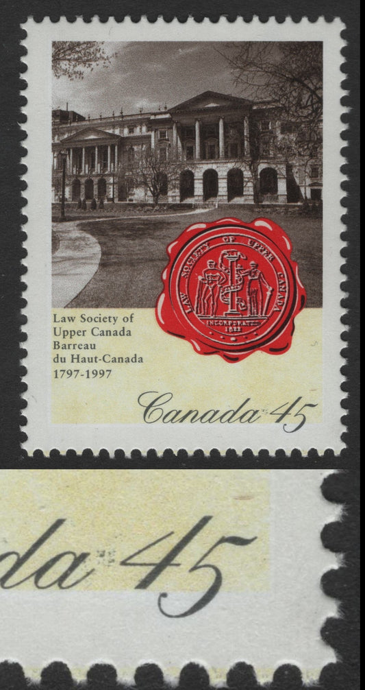 Canada  #1640var 45c Multicoloured Osgoode Hall, 1997 Law Society Of Upper Canada, A VFNH Single Showing Smudge Between "Canada" & "45"