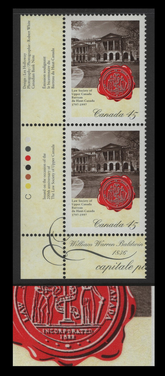 Lot 439 Canada  #1640, i 45c Multicoloured Osgoode Hall, 1997 Law Society Of Upper Canada, A VFNH LL Inscription Pair Showing Constant "Nick In Outer Ring Of Wax Seal" Pos. 16