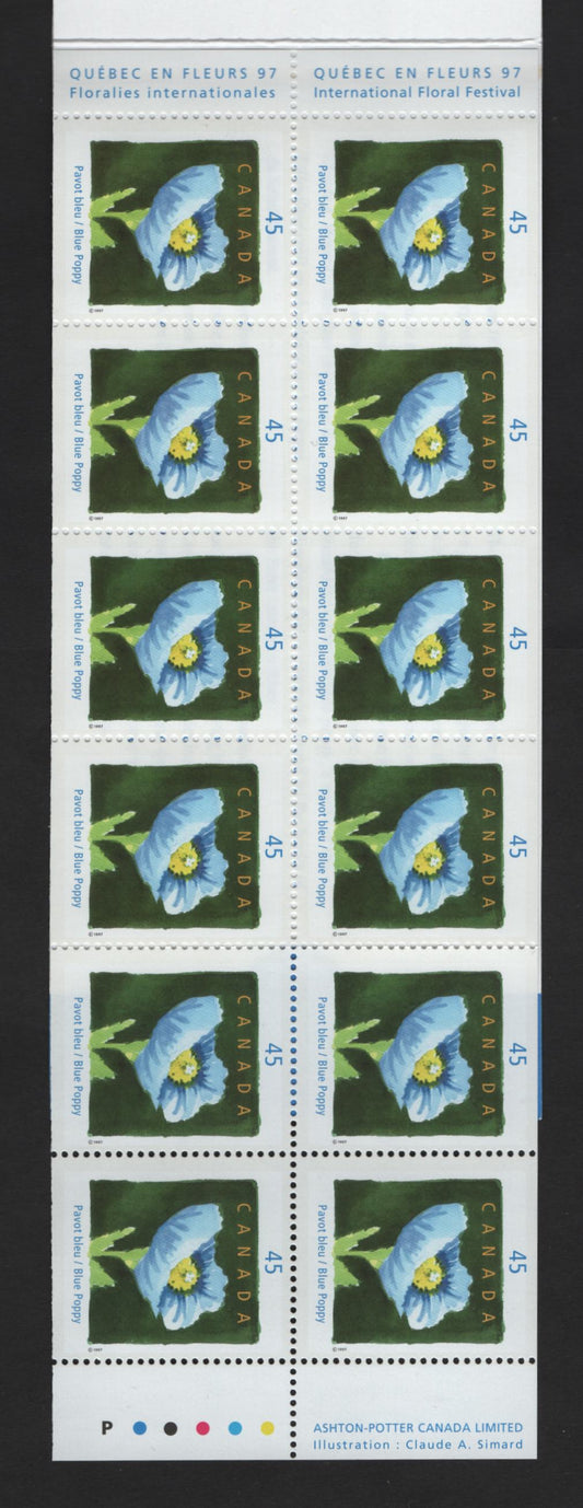 Lot 442 Canada  #BK199b 45c Multicoloured Blue Poppy, 1997 Quebec en Fleurs Issue, A VFNH Complete Booklet Of 10 HB Open Cover (Philatelic Stock), Pane On MF Peterborough Paper