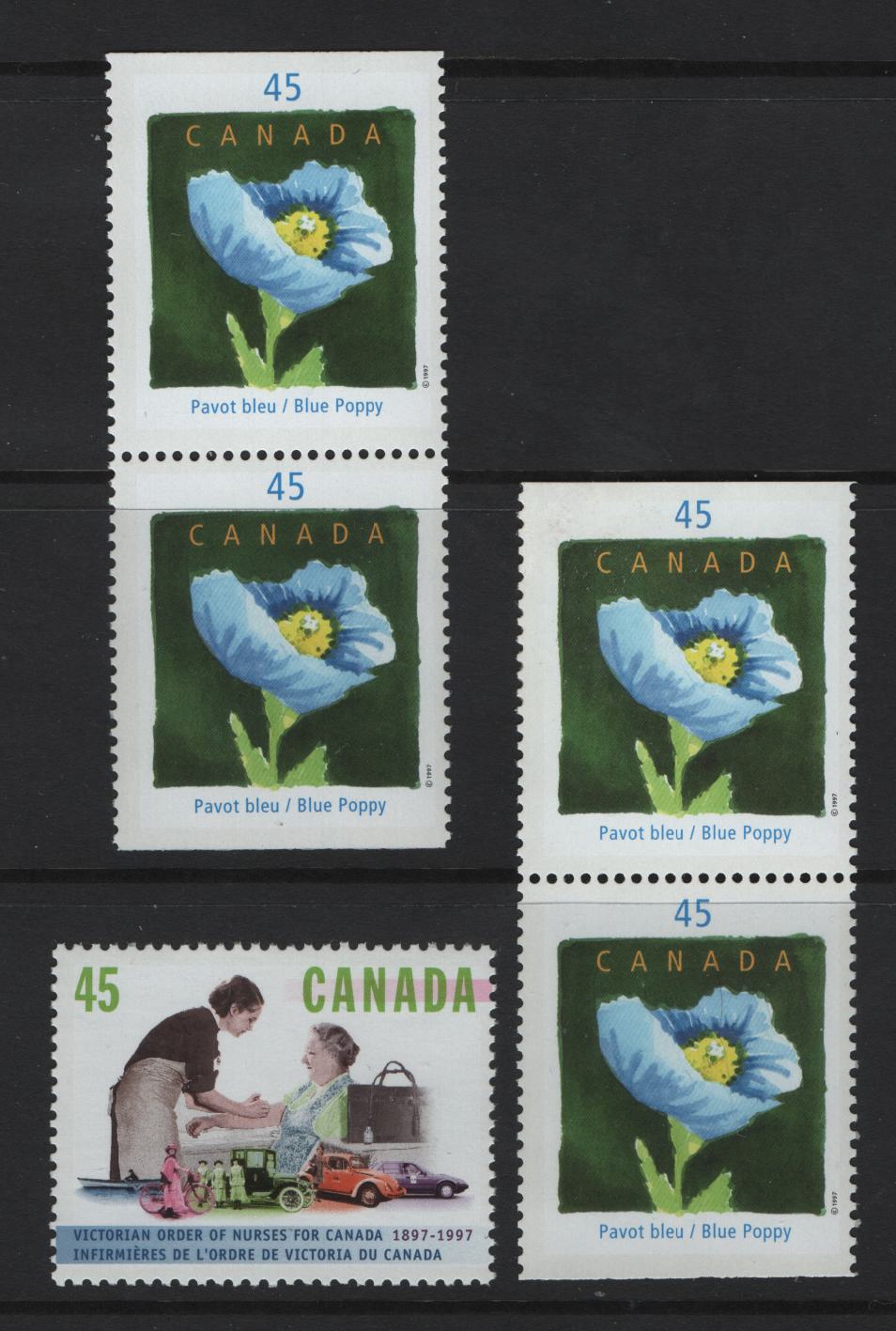 Lot 145 Canada  #1638-1639 45c Multicoloured Blue Poppy & Nurse & Patient, 1997 Quebec en Fleurs Issue, 2 VFNH Booklet Pairs & Single MF & HF Peterborough Papers