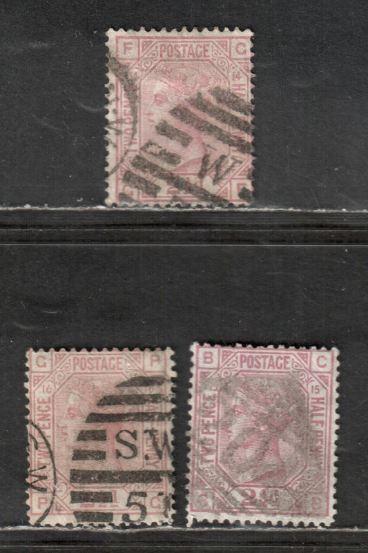 Lot 153 Great Britain SG#141, SC#67 1876-1880 Queen Victoria Issue, 2 1/2d Rosy Mauve, Plates 14,15,16 Orb Wmk, 3 Very Good Used Singles, Click on Listing to See ALL Pictures, Estimated Value $63